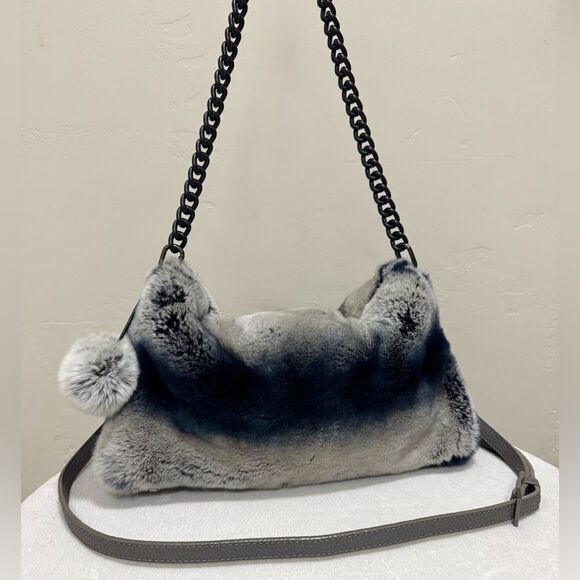 Gray Gradient Real Rex Rabbit Fur Soft Slouchy Bag/Crossbody & Fur Balls Charm - Picture 5 of 17